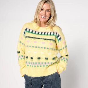 by Stacy London Patterned Crew Neck Cozy Sweater - Lemon Sz XL a670718